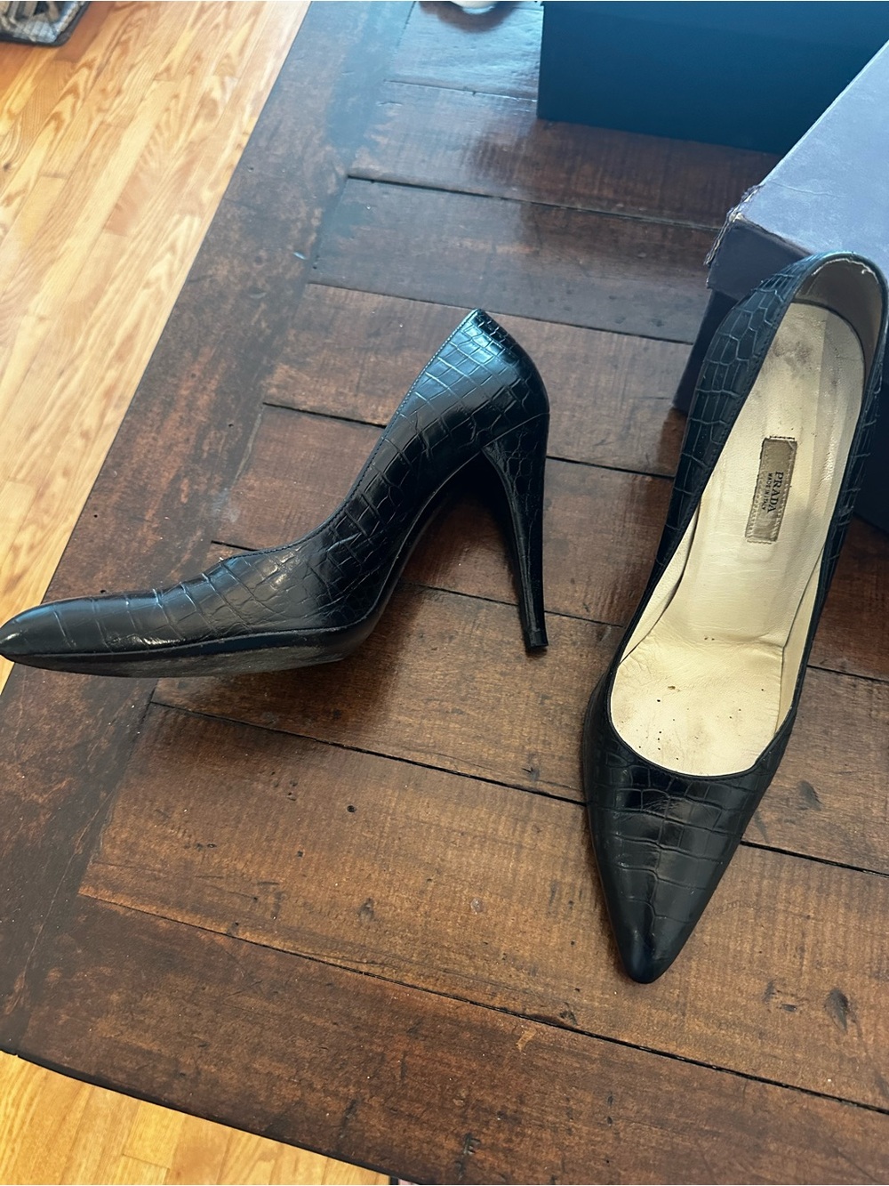 Prada Black Croc-Embossed Pointed Toe Heels